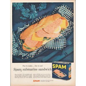 1956 SPAM Submarine Sandwich Vintage Print Ad Picnic Blanket Food 50s Wall Art